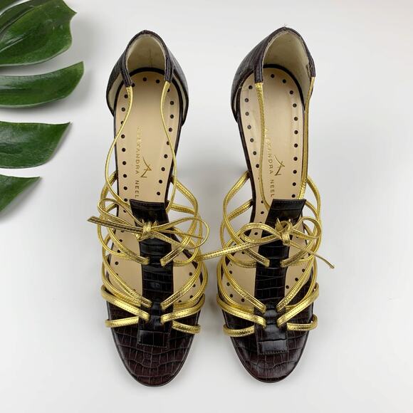 Alexandra Neel Heels Brown Gold Leather Sandals Strappy Italy Women's 39 US 9 - Picture 2 of 11